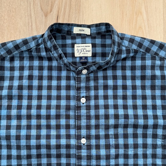 JCrew Mock Neck Long Sleeve Button Up Shirt Blue Black Plaid Slim Fit Stretch - Picture 2 of 8